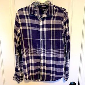 Linen Banana Republic Navy Plaid Linen Button Down Long Sleeve Collared Shirt